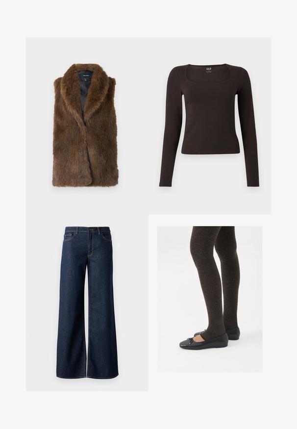 Rudas dirbtinio kailio be rankovių liemenė su plačiu apykakle ir juodu vidiniu pamušalu, pažymėta Vero Moda, išdėstyta plokščiai ant baltos fono.; Juoda ilgomis rankovėmis, prigludusi bluzonėlė su kvadratine iškirpte, žymėta GAP, rodoma baltame fone.; Plati kojinės džinsai tamsiai mėlynos džinsinės medžiagos. Yra kontrastingas siuvimo ornamentas, penkios kišenės ir užsegimas mygtuku juosmenyje. Lygus paviršius.; Juodos plokščios bateliai su maža kaspinėlio detale prie pirštų, derinami su tamsiai rudos spalvos raukšlėtomis pėdkelnėmis. Bateliai turi lygų paviršių ir žemą profilį.