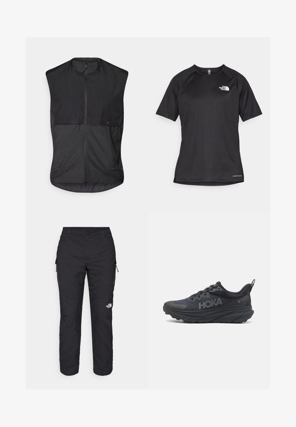 Schwarze ärmellose Weste aus leichtem Stoff mit einem Frontreißverschluss und zwei seitlichen Reißverschlusstaschen. Glatte Textur mit minimalistischem Design.; Schwarzes kurzärmliges Sportshirt aus strukturiertem Stoff, mit einem weißen Logo auf der linken Brust und einem geraden Saum.; The North Face WINTER EXPLORATION TAPERED CARGO - Outdoor-Hose - black; Schwarzer Hoka-Laufschuh mit einem Obermaterial aus Netzgewebe, strukturierten Details und einer dicken, gepolsterten Sohle mit verjüngten Kanten für verbesserten Halt.