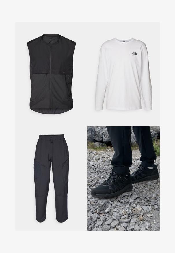 Czarna bezrękawnik wykonany z lekkiego materiału, z zamkiem błyskawicznym z przodu i dwiema bocznymi kieszeniami na zamek. Gładka tekstura o minimalistycznym designie.; Biała koszulka z długim rękawem wykonana z bawełny, z okrągłym dekoltem. Posiada małe czarne logo na piersi. Gładka faktura, regularny krój.; Czarne spodnie cargo wykonane z lekkiego, wodoodpornego materiału; posiadają elastyczny pas, liczne kieszenie zapinane na zamek oraz zwężane nogawki.; Czarne buty outdoorowe wykonane z siateczki i materiału syntetycznego, z fakturowaną cholewką, zabezpieczonym systemem sznurowania i solidną podeszwą, na skalistym terenie.