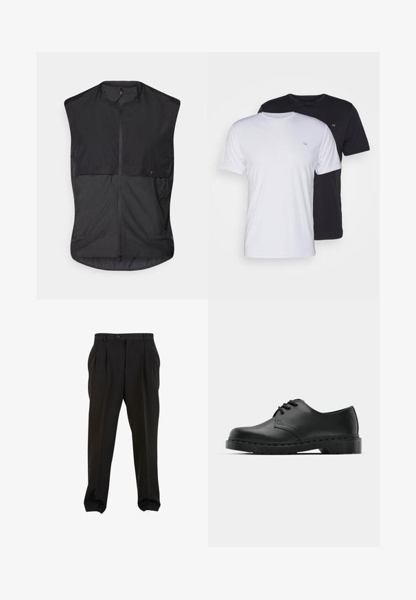 Schwarze ärmellose Weste aus leichtem Stoff mit einem Frontreißverschluss und zwei seitlichen Reißverschlusstaschen. Glatte Textur mit minimalistischem Design.; Zwei Baumwoll-T-Shirts in Weiß und Schwarz, kurzärmlig mit Rundhalsausschnitt, mit einem kleinen Logo auf der Brust, glatte Textur.; Schwarze Hose aus glattem Stoff mit Frontfalten, einem Knopfbund und schmal zulaufenden Knöchelbündchen. Klassische, taillierte Silhouette.; Schwarze Leder-Oxford-Schuhe mit Schnürdesign, runder Zehenform, flacher Gummisohle und subtilen Nähten entlang des oberen Teils.