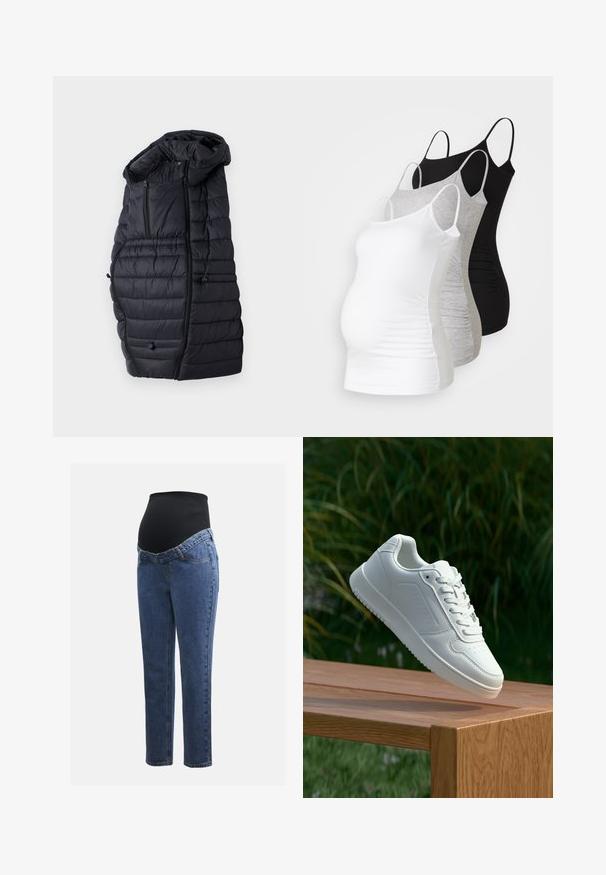 Čierna nadýchaná bunda s kapucňou, vystužená prešívaným vzorom, obsahujúca dve vrecká na zips na prednej strane a nastaviteľné šnúrky na leme.; Tričko s dlhým rukávom pre tehotné ženy v bielej, šedej a čiernej farbe. Elastický materiál s nastaviteľnými ramienkami a zberanými bočnými švami pre pohodlie.; Tehotenské jeansy s modrými denimovými nohavicami a čiernym elastickým brušným panelom navrhnuté na podporu a pokrytie rastúceho brucha.; Biele tenisky s hladkým syntetickým zvrškom, perforovanou špičkou, plochými šnúrkami a textúrovanou podrážkou, vystavené na drevenej ploche.