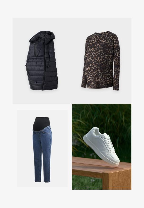 Crna puf jakna s kapuljačom, sa kviltanim dizajnom, dva prednja džepa sa patentnim zatvaračem i podesivim utezima na rubu.; Dugi rukav majica u leopard uzorku, s okruglim izrezom i mekanim materijalom. Osnovne boje su crna i smeđa s laganim bež naglascima.; Trudnice traperice s plavim traper nogavicama i crnim rastezljivim trbuh panelom dizajnirane za podršku i prekrivanje rastoće trbuščića.; Bijela tenisica sa glatkim sintetičkim gornjim dijelom, perforiranim prednjim dijelom, ravnim vezicama i teksturiranom potplatom, prikazana na drvenoj površini.