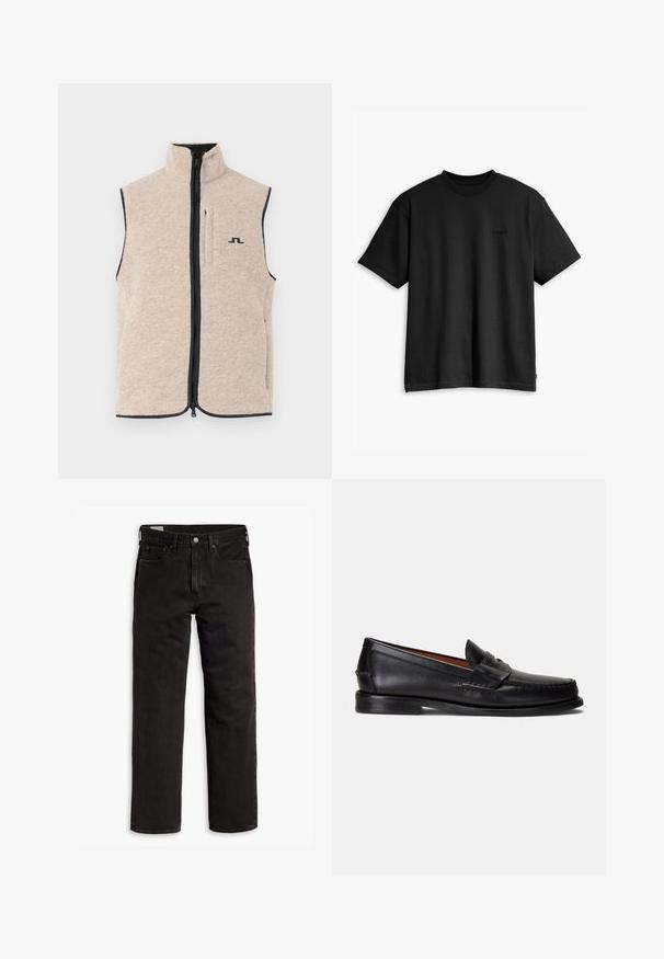 Beige színű bolyhos mellény magas gallérral, elöl cipzárral és oldalsó zsebekkel; sötét díszítéssel és egy kis fekete logóval a mellen.; Fekete pamut póló kerek nyakkal és rövid ujjakkal. Diszkrét elülső logóval és egyenes szegéllyel rendelkezik. Egyszerű és minimalista dizájn.; Fekete egyenes szárú farmernadrág öt zsebbel, gombos záródással és övhurkokkal, fehér háttéren elhelyezve.; Fekete bőrből készült mokaszinok sima felülettel, lekerekített orral és díszítő szalaggal a felsőrészén. Alacsony fekete talppal rendelkeznek.