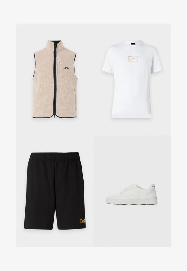 Beige fleecevest med høy krage, frontglidelås og sidelommer; har mørke kanter og en liten svart logo på brystet.; Hvit bomulls t-skjorte med rund hals og korte ermer, med en gullfarget EA7 Emporio Armani-logo trykket på fronten.; Sorte treningsshorts laget av mykt stoff, med elastisk midje og en liten gul EA7-logo nederst på venstre ben.; Hvite lærersneakers med en jevn overflate, rund tå, flate lisser og en teksturert såle. Har en subtil logo på hælen.