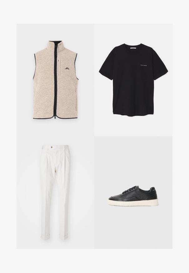 Bēša vilnas vestes ar augstu apkakli, priekšējo rāvējslēdzēju un sānu kabatām; ar tumšu apdari un mazu melnu logotipu uz krūtīm.; Melnas kokvilnas T-krekls ar apaļu kaklu, īsām piedurknēm un baltu logotipa uzdruku kreisajā krūtī. Vienkāršs, vienkrāsains dizains.; Baltas pielāgotas bikses ar gludu priekšpusi, divām krokām un ruļļotām piedurknēm. Izgatavotas no gludas auduma, ar pogu aizdari jostasvietā.; Melnas ādas sporta kurpes ar struktūru, apaļu purngalu un plakanu baltu gumijas zoli. Iezīmētas ar melnām šņorēm un zīmola logo uz papēža.