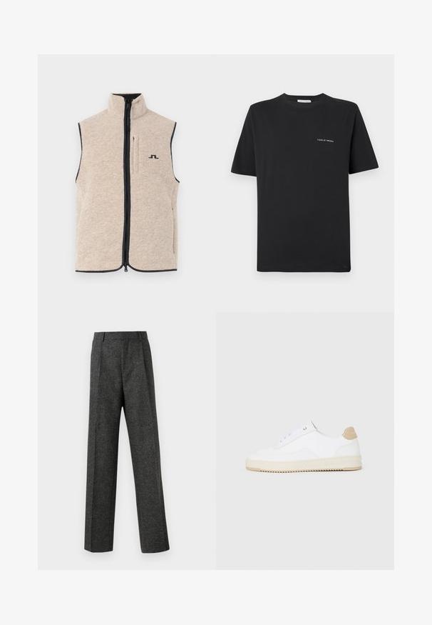 Gilet en polaire beige avec col montant, fermeture éclair sur le devant et poches latérales ; présente des bordures sombres et un petit logo noir sur la poitrine.; T-shirt en coton noir avec un col rond, des manches courtes et un petit logo blanc "TIGER OF SWEDEN" sur la poitrine. Coupe classique.; Pantalon gris ajusté en tissu texturé, doté de deux plis sur le devant et d'une coupe droite. Pas de poches visibles ni de décorations.; Baskets basses blanches avec un dessus en cuir texturé, semelle crémée à stries, et accent de talon tan. Présente des lacets blancs et un logo sur le talon.