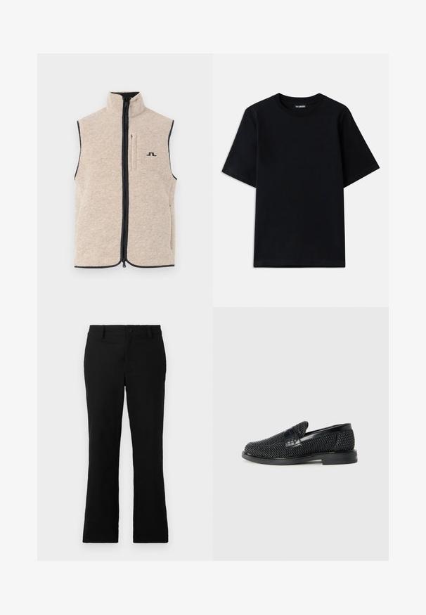 Chaleco de forro Polar beige con cuello alto, cremallera en la parte frontal y bolsillos laterales; presenta un borde oscuro y un pequeño logo negro en el pecho.; Camiseta de algodón negra con cuello redondo y mangas cortas. Presenta un sutil bordado del logo en el lado izquierdo del pecho. Textura plana y suave.; Pantalones de campana negros hechos de una mezcla de algodón, con cierre de botón, trabillas para el cinturón y una textura suave sin patrones visibles.; Zapato negro de tejido con un acento de cuero suave en la parte superior, diseño de punta redonda y suela de goma de perfil bajo.