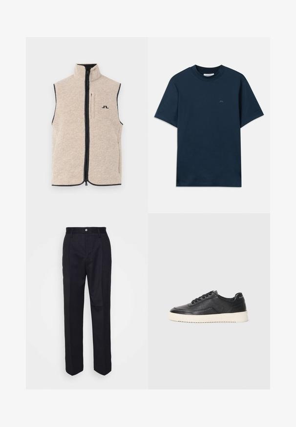 Beige fleece vest with high collar, front zipper, and side pockets; features dark trim and a small black logo on the chest.; Navy blue cotton t-shirt with a crew neck, short sleeves, and a subtle logo printed on the chest. Smooth texture and classic fit.; Black tailored trousers with a straight-leg design, made of smooth fabric, featuring a front button closure and two side pockets.; Black leather sneaker with textured finish, round toe, and flat white rubber sole. Features black laces and branding on the heel.