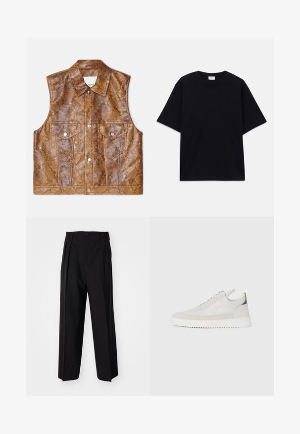 Vesta fără mâneci de culoare marron, fabricată din piele ecologică cu un model de piele de șarpe, având un guler ascuțit, două buzunare pe piept și accesorii din metal argintiu.; Tricou oversized cu mânecă scurtă, de culoare neagră, cu decolteu rotund și etichetă Filippa K vizibilă în interiorul gulerului.; Pantaloni negri plisat cu un design drept și pantaloni largi. Construiți dintr-un material neted, prevăzuți cu închidere cu nasture și bucle pentru curea.; Adidași din piele albă cu accente din sueded gri, design cu șireturi, tab de prindere și talpă din cauciuc texturat cu un model în zigzag.