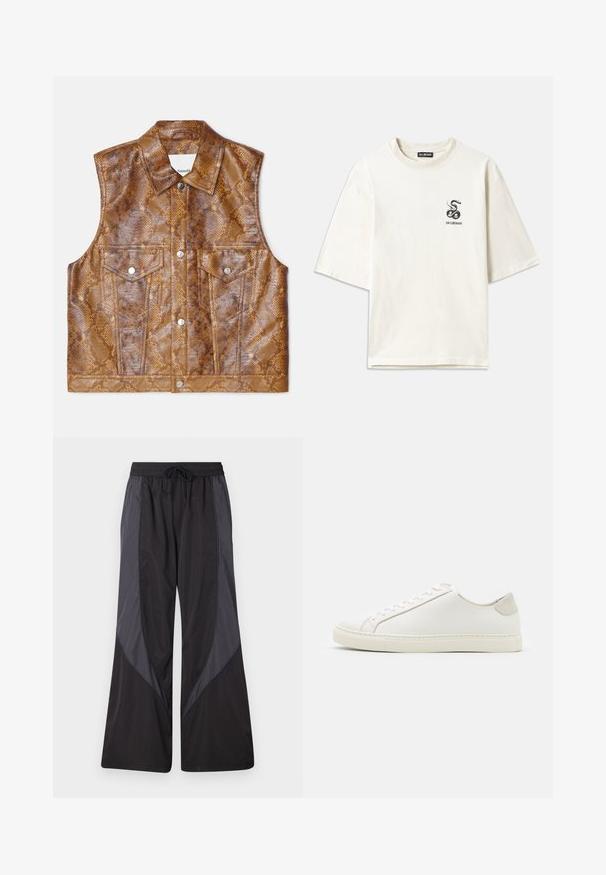 Rudas be rankovių liemenė, pagaminta iš dirbtinės odos su gyvatės odos raštu, turinti smailų apykaklę, dvi krūtinės kišenes ir sidabrinius aksesuarus.; Kremo spalvos per didelis medvilninis T-shirts. Su trumpomis rankovėmis ir maža juoda gyvatės grafika kairėje krūtinės pusėje.; Han Kjøbenhavn PANELLED TRACK TROUSERS - Treningo apatinė dalis - anthracite black; Baltos odinės sportinės avalynės, lygiu paviršiumi, apvaliu nosiu ir minimalistiniu dizainu. Su smėlio spalvos akcentais ant kulno ir guminis padas.