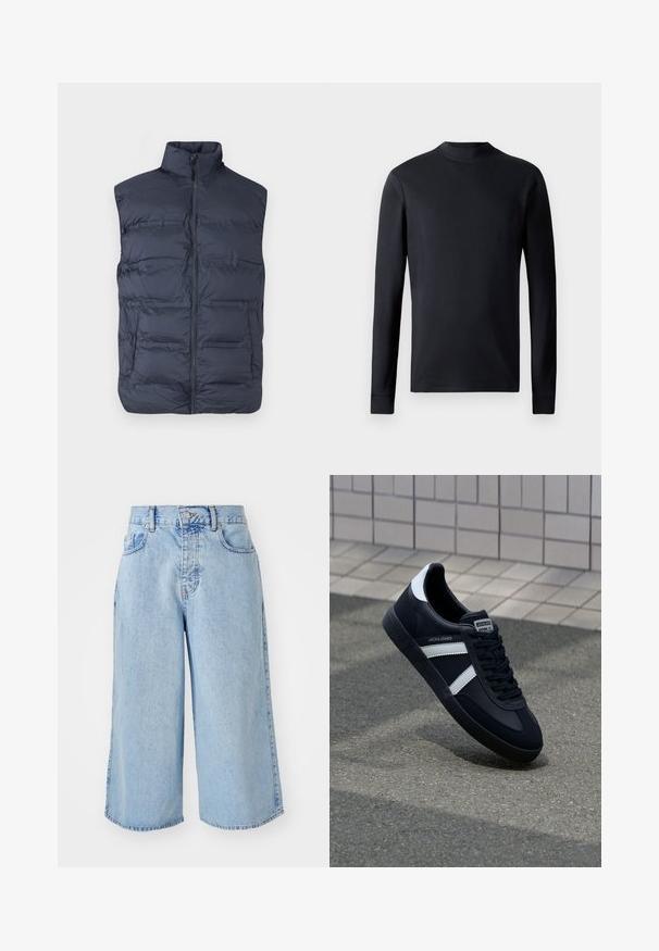 Tamnoplava podstavljena prsluk bez rukava s prednjim patentnim zatvaračem i visokim ovratnikom, dizajniran za toplinu i ležerno nošenje.; Crna košulja dugih rukava od glatkog materijala s okruglim izrezom i uskim manžetama. Jednostavan dizajn bez uzoraka ili ukrasa.; Svijetloplave traper culotte kratke hlače s visokim strukom, pet džepova i slobodnim krojem. Imaju izblijedjeli izgled i dvostruko šivane rubove.; Crne kožne tenisice s bijelim prugama, strukturirana gumena potplate i vezanjem sprijeda. Ima oznaku brenda na jeziku.