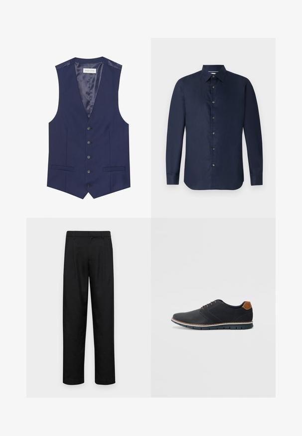 Mornarska prsluk s glatkom površinom, pet dugmadi, dva prednja džepa i unutrašnjim satenskim podstavom s oznakom "PIER ONE."; Tamno plava košulja dugih rukava s okruglim ovratnikom, glatke teksture i prednjim dugmadi; ima prilagođeni kroj i zaobljen rub.; Crne hlače od glatkog materijala, s dizajnom ravnih nogavica, dva prednja nabora i standardnim pojasom s petljama za remen.; Crne sintetičke cipele s teksturiranim gornjim dijelom, glatkim akcentima, smešnim petom i kontrastnom potplatom. Imaju minimalne vezice i detalje šivanja.