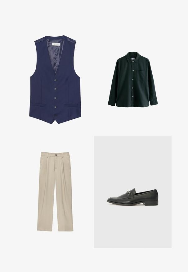 Marineweste mit glatter Textur, fünf Knöpfen, zwei Fronttaschen und einem satinierten Innenfutter mit einem Etikett, das "PIER ONE" liest.; Dunkelgrünes Hemd mit Knöpfen, einem Kragen, langen Ärmeln und einer einzelnen Brusttasche; verfügt über weiße Knöpfe und eine weiche Textur.; Beige Hosen mit geradem Schnitt, ausgestattet mit einem einzelnen schwarzen Knopf, Gürtelschlaufen und Seitentaschen. Glatte Stofftextur und minimalistisches Design.; Schwarzer Lederloafer mit glatter Oberfläche, ausgestattet mit einer gesteppten Gestaltung und einem dekorativen Metallkettendetail über dem Vorderblatt. Flacher Absatz.