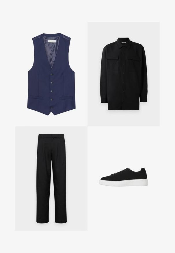 Jūras spēku veste ar gludu tekstūru, pieciem pogām, divām priekšējām kabatām un satīna odere ar uzrakstu "PIER ONE."; Melnā pogu krekla, kas izgatavota no gludas auduma, ar klasisku apkakli, divām priekšējām kabatām un garām piedurknēm ar pogu aprocēm.; Melnas bikses, izgatavotas no gludas auduma, ar taisnu kāju dizainu, divām priekšējām krokām un standarta jostu, kurai ir āķi.; Melnas zamšādas sporta kurpes ar noapaļotu purngalu, saistāmām auklām un baltu gumijas zoli. Vienkāršs dizains ar minimālām akcentiem un gludu tekstūru.