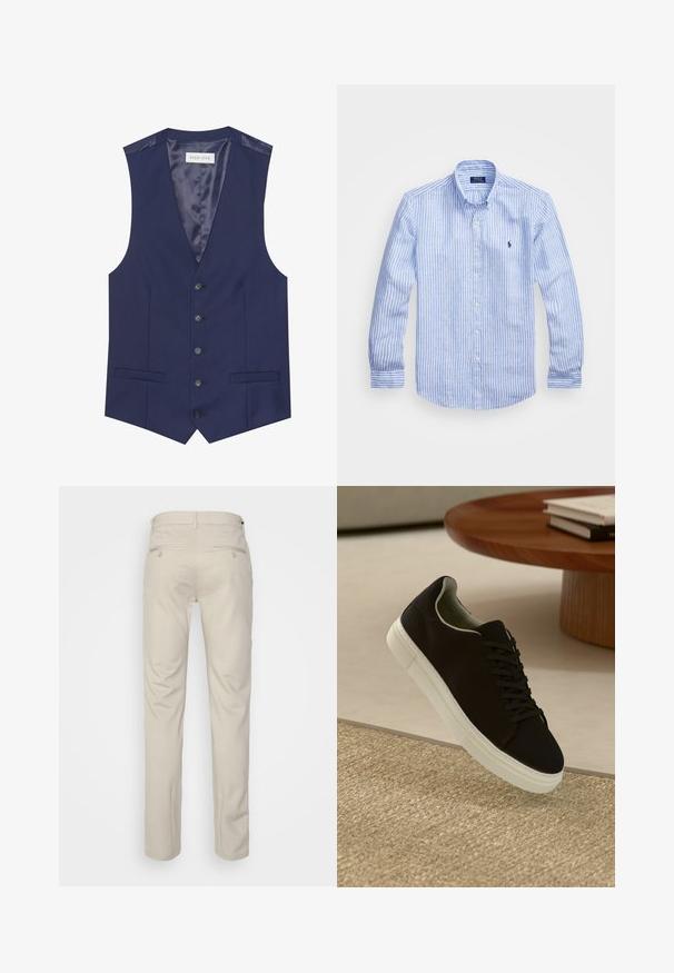 Laivaston liivi, jossa on sileä pinta, viisi nappia, kaksi etutaskua ja satiinivuori, jossa on etiketti, jossa lukee "PIER ONE."; Sininen ja valkoinen raidoitettu pitkähihaisen paita, joka on valmistettu puuvillasta. Paidassa on napillinen kaulus, etunapit ja pieni kirjailtu logo rinnassa.; Beige housut, joissa on sileä pinta, suora leikkaus, kaksi nappikiinnitteistä takataskua ja normaali vyötärö.; Musta lenkkari, jossa on valkoinen pohja, kelluu vaaleanbeige texturoituneen maton yllä pyöreän puupöydän vieressä, jonka päällä on pinottu kirjoja.