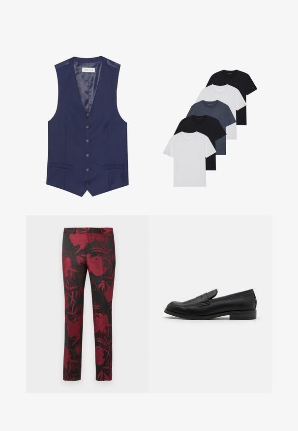 Marineweste mit glatter Textur, fünf Knöpfen, zwei Fronttaschen und einem satinierten Innenfutter mit einem Etikett, das "PIER ONE" liest.; Set aus fünf T-Shirts in Schwarz, Weiß und Marineblau. Baumwollstoff, kurze Ärmel, Rundhalsausschnitt und schlichte Textur ohne Muster.; Schwarze Hosen mit einem floralen Muster in Dunkelrot, einem glatten Stoff und einer taillierten Passform. Standardbund und gerades Bein Design.; Schwarze Lederloafer mit glatter Oberfläche, abgerundetem Zehenbereich und einem kleinen dekorativen Riegel. Ausgestattet mit einem niedrigen, gestapelten Absatz und einem dezenten Markenlogo.
