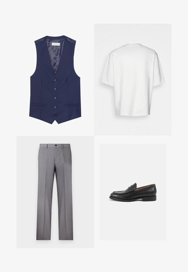 Marinevest med en glatt tekstur, fem knapper, to frontlommer og et satengforet interiør med en etikett som sier "PIER ONE."; Hvit t-skjorte med korte ermer, løs passform, rund hals, glatt bomullsstoff, udekorerte bak, rett nederkant, ingen mønstre eller detaljer.; Grå skreddersydde bukser med flat front, to sidelommer og en enkel knappelukking. Glatt tekstur med et subtilt stripe-mønster.; Sorte lær loafers med en glat overflade, rund tå og dekorativ syning på forfoden. Lav stablet hæl og let glans.