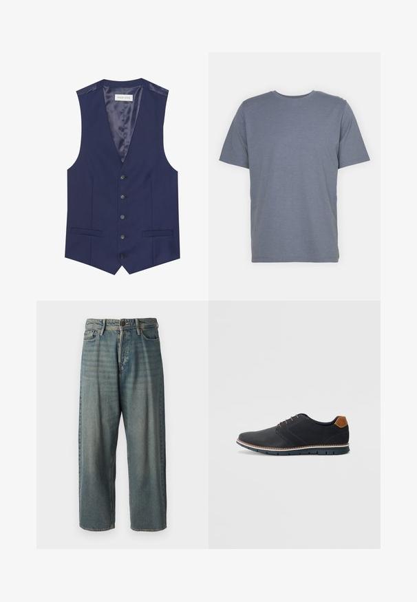 Námornícky vest s hladkou textúrou, piatimi gombíkmi, dvoma prednými vreckami a saténovo podšívaným interiérom s nálepkou "PIER ONE."; Šedé tričko s krátkymi rukávmi a okrúhlym výstrihom, vyrobené z jemnej bavlnenej zmesi. Jednoduchý dizajn, bez vzorov alebo akcentov.; Svetlomodré denimové nohavice so voľným strihom, stredne vysokým pásom a rovnými nohavicami. Obsahujú päť vreciek, pútka na opasok a zapínanie na gombík.; Čierne syntetické topánky so štruktúrovaným zvrškom, hladkými akcentmi, hnedým opätkom a kontrastnou podrážkou. Majú minimálne šnurovanie a detaily prešitia.