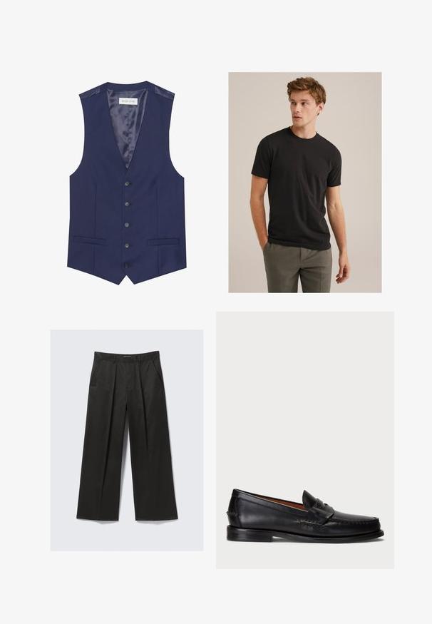 Marineweste mit glatter Textur, fünf Knöpfen, zwei Fronttaschen und einem satinierten Innenfutter mit einem Etikett, das "PIER ONE" liest.; Junger Mann mit lockigem, hellbraunem Haar, der ein schwarzes T-Shirt mit kurzen Ärmeln und graue Hosen trägt. Er schaut nach links und hat die Hände in den Taschen.; Schwarze weit geschnittene Hose mit glatter Textur, ausgestattet mit zwei frontalen Taschen und einem leicht erhöhten Bund.; Schwarze Lederloafer mit abgerundetem Zeh, gesteppten Details und einem dekorativen Riemen an der Vorderseite. Flache Sohle mit minimalem Profil.