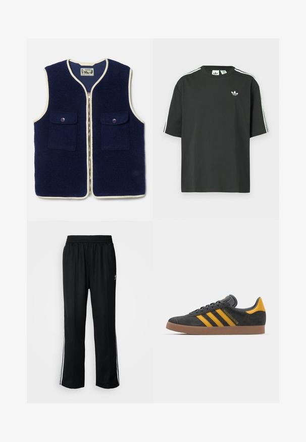 Jūras zila vilnas jaka ar krēmkrāsas apdari, apaļu apkakli, priekšējo rāvējslēdzēju un divām pogām aizdarām pagarinājumam. Mīksta faktūra un ikdienišķs dizains.; Melna kokvilnas T-krekls ar īsām piedurknēm, apaļu kakla izgriezumu un baltām trim svītrām uz pleciem. Uz krūtīm neliels balts logo.; Melni sporta bikses ar elastīgu jostas vietu, kurām ir baltas sānu svītras un neliels logotips. Materiāls izskatās mīksts un viegls.; Melnas zamšādas kedas ar dzelteniem akcentiem, kurām ir trīs svītras un brūna gumijas zole. Iekļauta mīksta valkāšanas tongue komfortam.