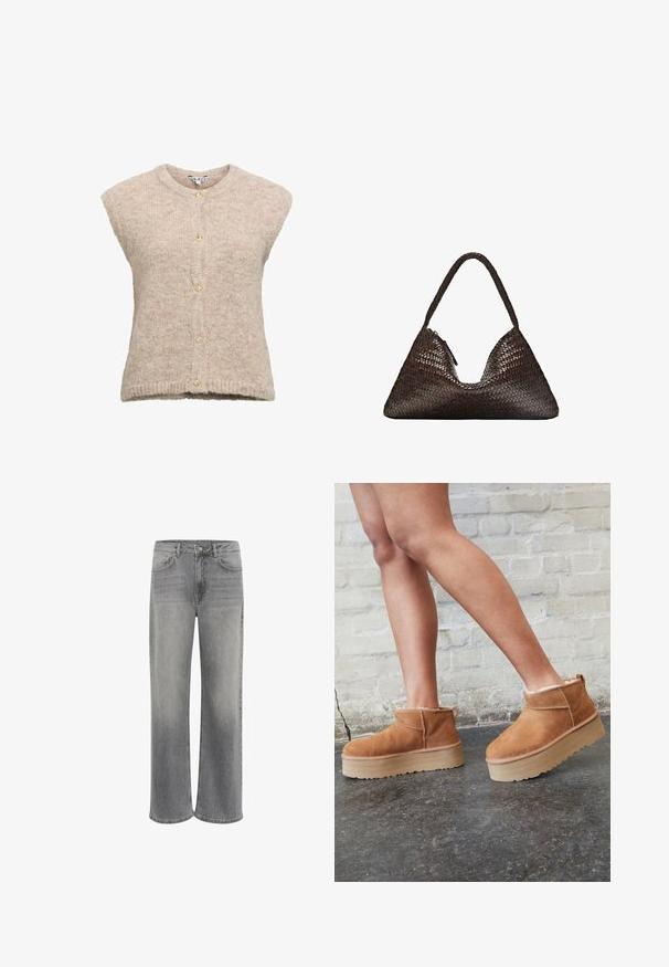 Beżowa kamizelka z wełny z okrągłym dekoltem, krótkimi rękawami i zapięciem na guziki z guzikami w kolorze złotym. Materiał o fakturowej dzianinie.; Jasnoszary, dziewiarski sweter z długim rękawem, z prążkowanym wykończeniem u dołu i na mankietach, z kołnierzem w kształcie litery V i luźnym krojem.; Biała koszulka z krótkim rękawem, wykonana z bawełny. Posiada okrągły dekolt i luźny krój. Gładka faktura bez widocznych wzorów czy akcentów.; Jeans w szerokich nogawkach w szarym dżinsie, z wysokim stanem, pięcioma kieszeniami, zapięciem na guziki z przodu oraz delikatnym wyblakaniem materiału.; Brązowe zamszowe botki sięgające kostki z puszystą wyściółką, grubą beżową platformą oraz tylną pętelką. Teksturowana powierzchnia z widocznymi detalami zszycia.; Ciemnobrązowa trójkątna pleciona skórzana torebka z pojedynczą splecioną rączką i widocznym suwakiem po jednej stronie.; Zestaw ośmiu srebrnych pierścionków, o różnych wzorach, w tym gładkich, teksturowanych oraz jednym z małymi perłami. Cechują się krzywymi i akcentami.