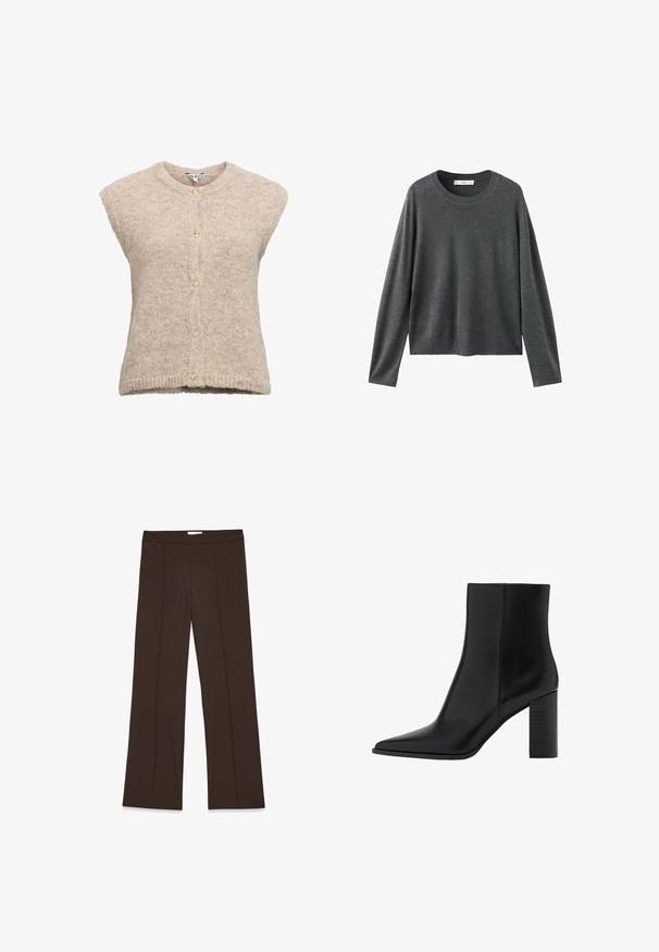 Ponte di lana beige con scollo rotondo, maniche a cappuccio e chiusura a bottoni con bottoni dorati. Tessuto a maglia testurizzata.; Maglione grigio a maglia con maniche lunghe, scollatura rotonda e vestibilità comoda. Realizzato in un tessuto morbido con una texture liscia e senza motivi visibili.; Pantaloni larghi color marrone realizzati in tessuto liscio; presentano pieghe frontali e una vita standard. Design minimalista senza chiusure visibili.; Stivale alla caviglia in pelle nera con punta affilata, tacco quadrato, texture liscia e dettagli di cucitura lungo le cuciture. I tacchi misurano circa 3,5 pollici.