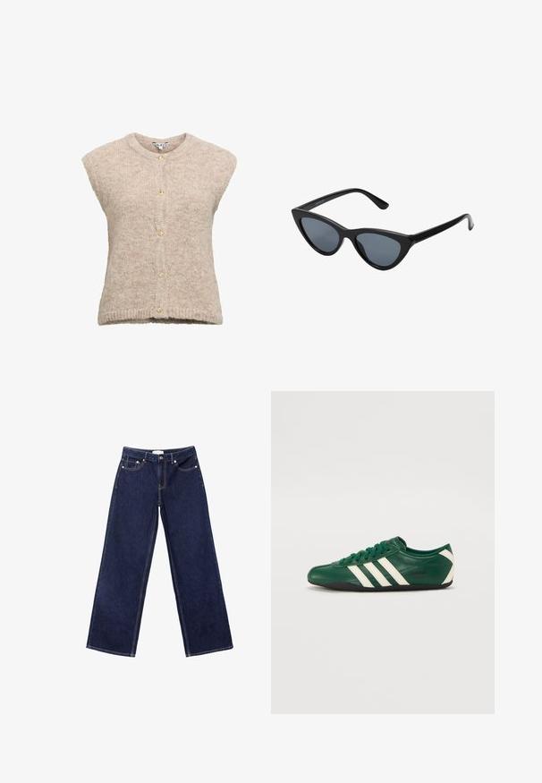 Beige villa sekoitusliivi, jossa on pyöreä kaula-aukko, hihat ja nappikiinnitys kultasävyisillä napilla. Kankaan pintakuvio.; Valkoinen haalari, jossa on neliönmuotoinen pääntie, hihaton muotoilu, sileä pinta ja neppari alhaalla. Yksinkertainen ja minimalistinen tyyli.; Tummansiniset leveälahkeiset farkut, joissa on kontrastiväriset saumat, viisi taskua ja napitus.; Vihreät nahkasneakerit, joissa on valkoiset raidat, pyöristetty kärki, nauhaketju, musta pohja ja "adidas TOKYO" -brändäys sivussa.; Mustat kissaeye-aurinkolasit tumman harmailla linsseillä, tyylikäs muovikehys, terävät kulmat ja suorat templet. Ei näkyvää metalliosia tai koristuksia.; Musta nahkainen hobo-laukku, jossa on löysä muotoilu, leveä olkahihna ja sileä pinta. Sisältää yhden vetoketjukiinnityksen sivussa.
