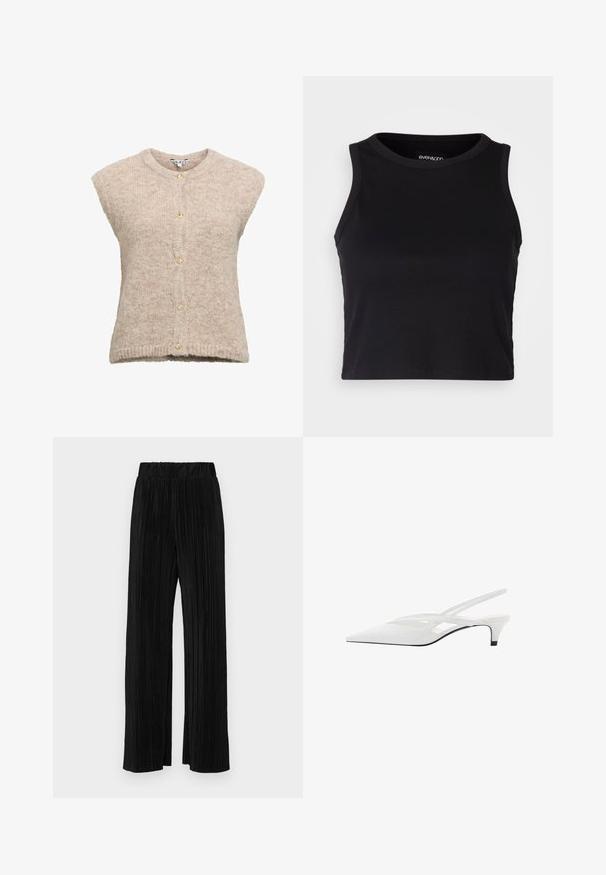Beige Wolle-Mischung Weste mit Rundhalsausschnitt, kurzen Ärmeln und Knopfverschluss mit goldfarbigen Knöpfen. Strukturierter Strickstoff.; Schwarzes, geripptes Cropped Tanktop mit rundem Ausschnitt und ärmellosem Design. Hergestellt aus weichem, dehnbarem Material, mit sauberen, gekettelten Kanten.; Schwarze plissierte Hose mit elastischem Bund. Verfügt über weite Hosenbeine und einen glatten, strukturierten Stoff mit vertikalen Streifen.; Weißer Slingback-Absatzschuh mit spitzer Zehenpartie, featuring ein glattes Obermaterial, subtile Ausschnitte und einen niedrigen Blockabsatz. Die schwarze Sohle betont das Design.