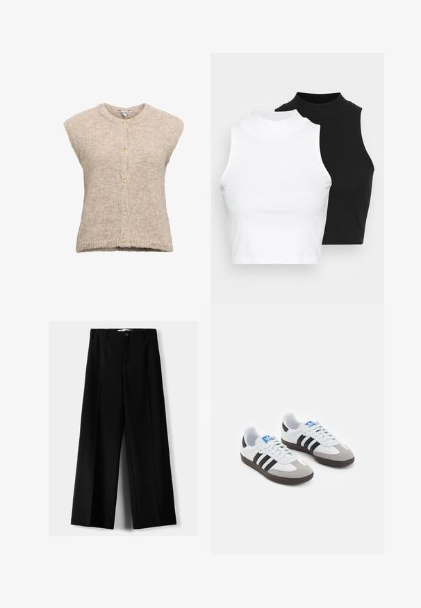 Ponte di lana beige con scollo rotondo, maniche a cappuccio e chiusura a bottoni con bottoni dorati. Tessuto a maglia testurizzata.; Due top in maglia senza maniche, a collo alto, in nero e bianco, con un design aderente e una superficie liscia, di lunghezza cropped.; Pantaloni neri a gamba larga realizzati in tessuto leggero, caratterizzati da una chiusura frontale con bottone e frontale piatto, con orli cuciti con precisione.; Scarpe sportive con tomaia in pelle bianca, punta in suede grigia e tre strisce nere. Presentano un logo blu sulla linguetta e una suola in gomma testurizzata.