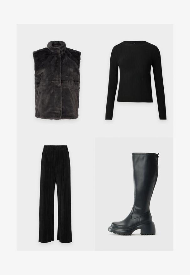 Grijze nepbont gilet met hoge kraag, mouwloos ontwerp en een zachte textuur, met horizontale naden voor structuur en warmte.; Zwarte geribde langochtriem trui met een ronde halslijn, weergegeven tegen een effen lichte achtergrond.; Zwarte geplooide broek met een elastische tailleband. Beschikt over wijde pijpen en een glad, gestructureerd stof met verticale strepen.; Hoge zwarte leren laars met een chunky plateauzool en blokhak, voorzien van een trekband en een gestructureerd profiel op de buitenzool.