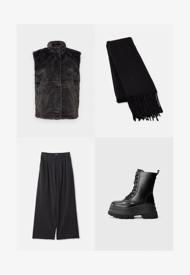 Sivi lažni krzneni prsluk s visokim ovratnikom, bez rukava i mekanim teksturom, sa horizontalnim šavovima za strukturu i toplinu.; Crna dugačka majica s dugim rukavima od prozirne čipke s cvjetnim uzorkom i visokim izrezom koji uključuje mali volan.; Crne široke hlače s plitkim naborima, petljama za remen i bočnim džepovima, položene ravno na bijeloj pozadini.; Crne čipkaste čizme do gležnja s debelim platformom, glatkom kožnom završnom obradom i petljicom za povlačenje. Ima osam rupica za vezanje i teksturiranu potplat.; Crna marama napravljena od mekane, teksturirane tkanine. Ima franjane rubove i pravokutni oblik, pogodna za omotavanje oko vrata.