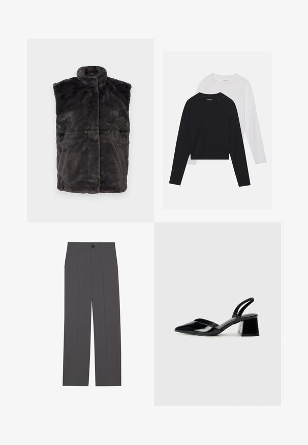 Grey faux fur vest with a high collar, sleeveless design, and soft texture, featuring horizontal seams for structure and warmth.; Two long-sleeved shirts: one black and one white. Both feature a crew neck, raglan sleeves, and a soft cotton blend fabric.; Grey trousers with a straight leg design, featuring two side pockets and a button closure. Smooth fabric with no visible patterns or accents.; Black patent leather slingback heels with a pointed toe and a geometric block heel. Features a sleek, minimal design and smooth texture.
