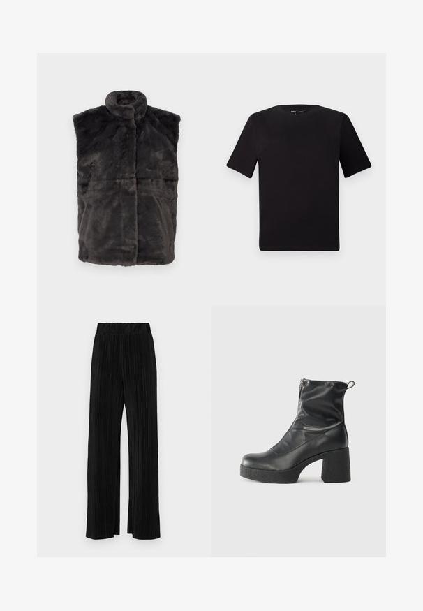 Colete de pelo falso cinzento com alto colar, sem mangas e textura suave, apresentando costuras horizontais para estrutura e calor.; T-shirt preta de mangas curtas com decote redondo, feita de tecido de algodão suave. Design simples, sem logótipos ou padrões visíveis.; Calças pregueadas pretas com uma cintura elástica. Apresentam pernas largas e um tecido liso, texturizado com riscas verticais.; Botas de tornozelo pretas feitas de couro liso, com fecho lateral, salto grosso texturizado e design de bico arredondado.