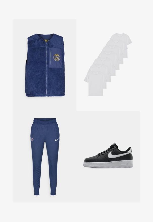 Nike Performance PSG CLUB - Vest - midnight navy/speed yellow; Valge puuvillane T-särk, lühikeste varrukatega, ümar neel, ühtlane tekstuur, reastatud kuhjale, kaeluses peene brändinguga.; Tumed sportlikud püksid, mis on valmistatud tekstuuriga kangast, esitavad vasakul reiel Pariisi logo ja paremal Nike swooshi valges värvuses.; Must musta sneaker tekstureeritud pinnaga, valge Nike logo, hall tald, ümar varv ja paeltega disain. Omab perforatsioone varbakasti peal.