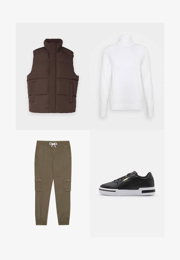 Braune Pufferweste mit hohem Kragen, ärmellosem Design, zwei Fronttaschen und gestepptem Muster. Glatte Oberfläche, warme Isolierung.; Weißer Rollkragenpullover mit langen Ärmeln, aus glattem Stoff gefertigt. Verfügt über eine taillierte Passform sowie gerippte Bündchen und Saum. Keine Muster oder Akzente.; Khaki Cargo-Hosen mit elastischem Bund und Kordelzug, aus seitlichen Taschen und umgeschlagenen Knöcheln. Hergestellt aus einem strukturierten, leichten Material.; Schwarze Leder sneaker mit weißer Mittelsohle, perforierter Zehenpartie, goldfarbenem Logodetail, gepolstertem Kragen und kontrastierenden schwarzen Akzenten an der Seite.
