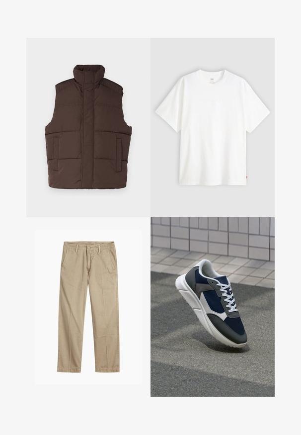 Coletes de puff castanhos com gola alta, design sem mangas, dois bolsos frontais e textura acolchoada. Acabamento suave, isolamento quente.; T-shirt branca de manga curta, feita de algodão, com decote redondo. Apresenta um discreto detalhe de logotipo em relevo na frente e uma etiqueta vermelha na bainha.; Chinos bege de perna reta com passantes para cinto, fecho frontal com botão e fecho de correr, e bolsos frontais inclinados.; Sapatilha com parte superior em malha azul-marinho, detalhes em camurça cinza, sola de borracha branca e atacadores brancos planos, projetada para conforto e respirabilidade.