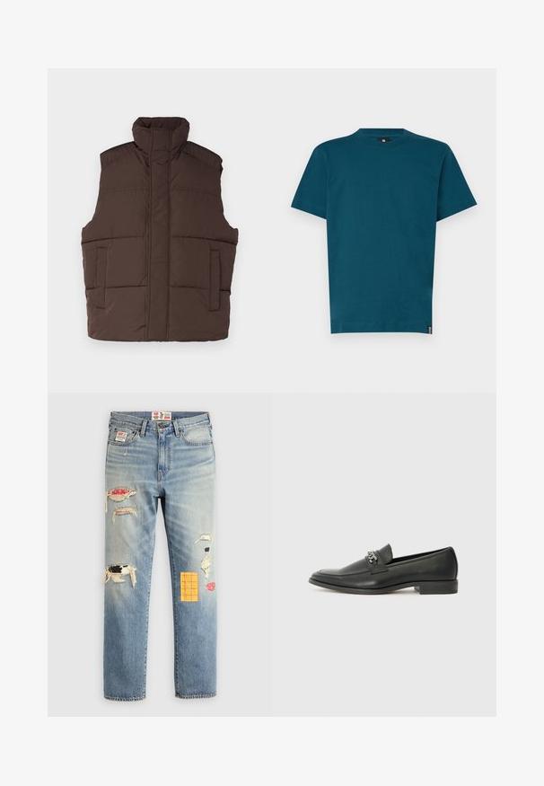 Bruine puffer vest met hoge kraag, mouwloos ontwerp, twee voorkanten zakken en gewatteerde structuur. Glad afwerking, warme isolatie.; Teal katoenen T-shirt met een ronde hals en korte mouwen. Heeft een rechte snit en een klein merkje aan de zijkant. Soepele textuur.; Lichtblauwe denim jeans met een relaxte pasvorm, voorzien van versleten patches in verschillende kleuren en patronen, waaronder oranje en rode accenten.; Zwarte leren instapper met een gladde afwerking, voorzien van een gestikt ontwerp en een decoratieve metalen kettingaccent over de wreef. Platte hak.
