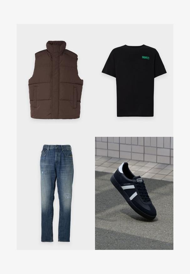Rjava pufasta jakna z visokim ovratnikom, brez rokavov, dvema sprednjima žepoma in kviltano teksturo. Gladka površina, topla izolacija.; Črna majica iz bombaža z kratkimi rokavi. Na sprednji strani ima zeleno logotip "ROOTS", okroglo ovratnico in standardno prileganje.; Denimske hlače v zbledeli modri barvi, s straight leg obliko, z zmernim obrabljenjem spredaj in klasičnim pet-pocket stilom.; Črne usnjene superge z belimi črtami, teksturiran gumijast podplat in zavezovanje spredaj. Imajo označeno oznako na ježku.