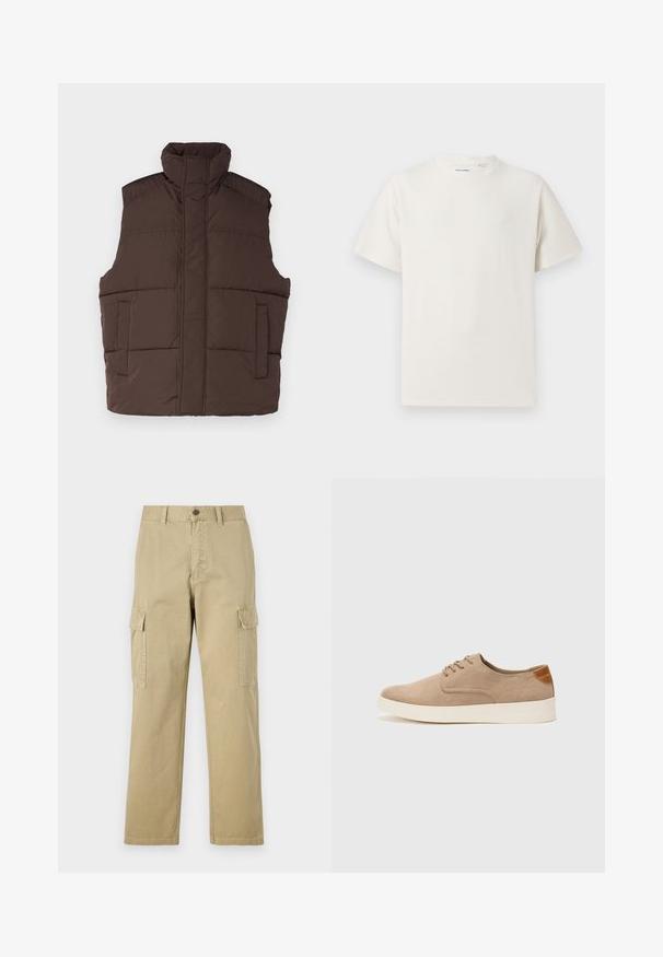 Brązowa kamizelka puchowa z wysokim kołnierzem, bez rękawów, z dwiema przednimi kieszeniami oraz pikowanym wykończeniem. Gładka powierzchnia, ciepła izolacja.; Biała krótka koszulka z krótkim rękawem o żebrowanej fakturze. Okrągły dekolt, luźny krój, brak widocznych wzorów lub akcentów. Prosty i uniwersalny design.; Beżowe spodnie cargo wykonane z bawełny, z dwoma bocznymi kieszeniami, z zapięciem na guzik oraz prostymi nogawkami z lekko teksturowanej tkaniny.; Beżowe zamszowe sneakersy z okrągłym noskiem, sznurowanym przodem i teksturowanym akcentem na tyle. Biała gumowa podeszwa tworzy kontrast. Prosty i nowoczesny design.