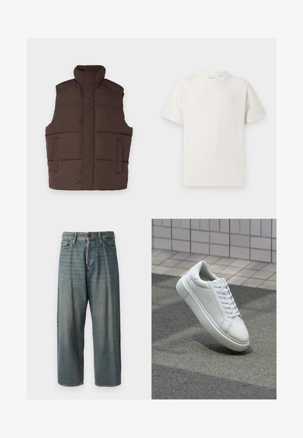 Barna puffertéli mellény magas gallérral, ujjatlan kivitelben, két elülső zsebbel és steppelt textúrával. Simább felület, meleg szigetelés.; Fehér, rövid ujjú póló bordázott textúrával. Kerek nyakkivágás, laza szabás, nincs látható minta vagy díszítés. Egyszerű és sokoldalú dizájn.; Világoskék farmernadrág, laza fazonnal, közepes derékbőséggel és egyenes szárral. Öt zsebet, övbucskát és gombos záródást tartalmaz.; Fehér bőr sportcipő sima felülettel, kerek orral és lapos fehér fűzőkkel. Texturált gumitalppal és minimális dizájnelemekkel rendelkezik.