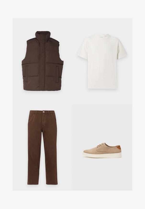 Bruine puffer vest met hoge kraag, mouwloos ontwerp, twee voorkanten zakken en gewatteerde structuur. Glad afwerking, warme isolatie.; Witte korte mouwen T-shirt met ribbelstructuur. Ronde hals, ontspannen pasvorm, geen zichtbare patronen of accenten. Eenvoudig en veelzijdig ontwerp.; Bruine katoenbroek met een rechte pijp, voorzakken en een metalen knoopsluiting. Heeft een gladde textuur en een minimalistisch ontwerp.; Beige suède sneakers met een ronde neus, vetersluiting aan de voorkant en een getextureerde achteraccent. De witte rubberen zool zorgt voor contrast. Eenvoudig en modern ontwerp.