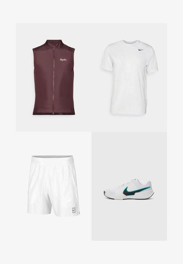 Bezrukávová cyklistická vesta Rapha v tmavě burgundské barvě, vyrobena z lehké látky s předním zipem a přiléhavým střihem.; Bílé tričko s krátkým rukávem vyrobené z hladkého materiálu. Má kulatý výstřih a malé černé logo Nike na levé straně hrudi.; Bílé sportovní šortky vyrobené z lehkého materiálu s elastickým pasem, mají dvě boční kapsy a malé černé logo na lemu.; Bílé sportovní tenisové boty s texturovaným síťovým vrškem, černou gumovou podrážkou a akcentem v barvě tyrkysové na logu Nike. Obsahují šněrování a polstrovaný límec.