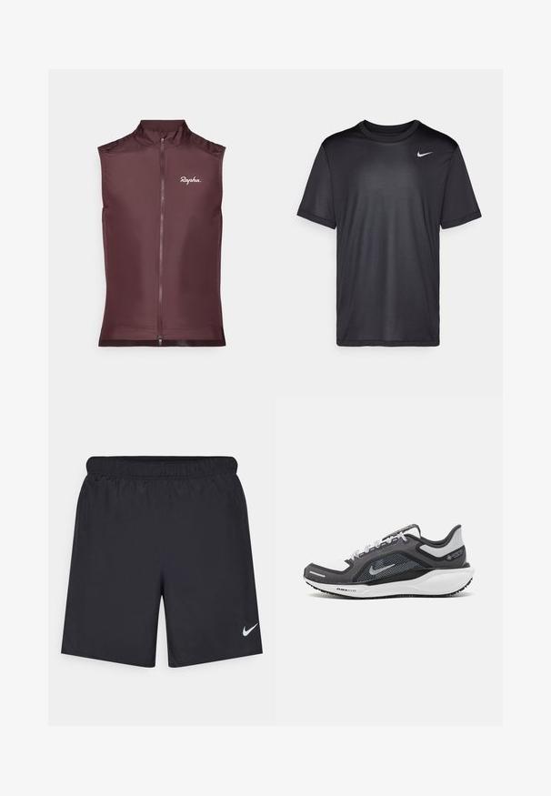Rapha ermeløs sykkelvest i dyp burgunder, laget av lett stoff med frontlås og en tettsittende design.; Svart idretts-t-skjorte med korte ermer, rund hals, laget av glatt stoff. Har en liten hvit Nike-logo øverst til venstre.; Svart sportskjørt laget av lett materiale med elastisk linning. Har en liten hvit Nike-logo nederst til venstre.; Svart og grå atletisk sko med mesh-overdel, refleksdetaljer og hvit mellomsåle. Har strukturert gummisåle og lisser.