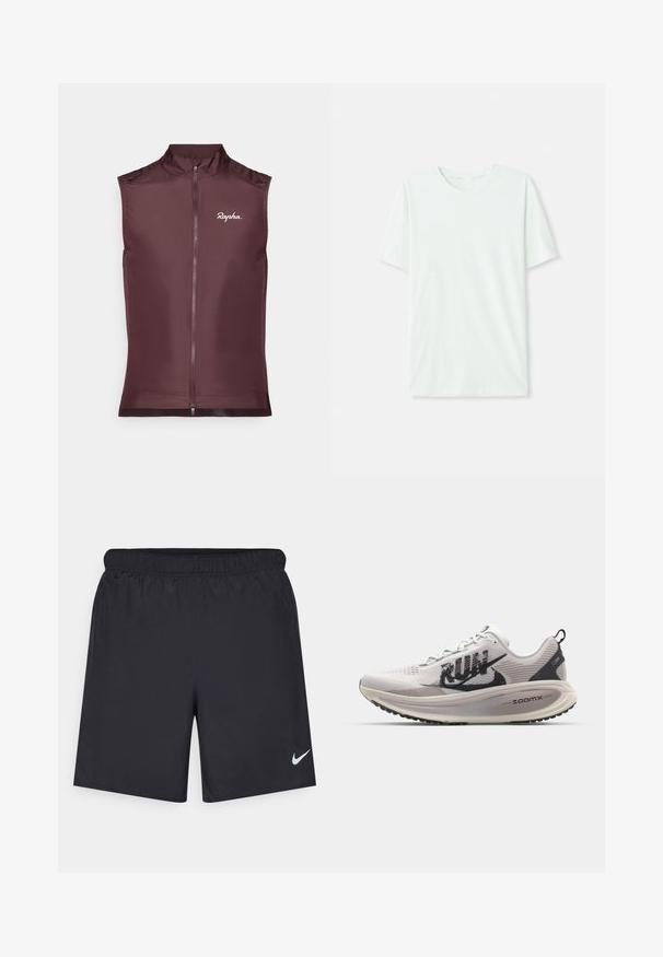 Rapha brezrokavnik za kolesarjenje v globoko burgundski barvi, izdelan iz lahkega blaga s sprednjim zadrgo in prilegajočim dizajnom.; Svetlo mint zelena majica s kratkimi rukavi, izdelana iz mehkega blaga. Ima okroglo ovratnico in preprost, ravno kroj brez okrasnih elementov.; Črne atletske kratke hlače iz lahkotnega materiala z elastičnim pasom. Imajo majhen bel Nike logo na spodnji levi strani.; Nike Performance VOMERO 18 RUN - Tekaški copati za cesto - summit white/black/college grey/vast grey/sequoia/sail