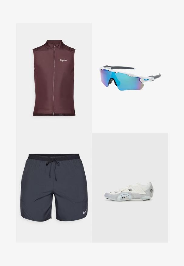 Rapha ilmaõlgadega jalgrattavest sügavas burgundia värvitoonis, valmistatud kergest kangast, millel on esine lukku ja sobiv disain.; Valge ilma varrukateta Nike jooksmise topp ümmarguse kaelusega, siledast materjalist, ning must Nike logo vasakul rinnal.; Nike jooksulühikesed tumedashallid, elastse vöökoha ja paelaga, ning hõbedane logoaktsent paremas allnurgas.; Valged ja hõbedased jalgrattaste kingad, millel on võrkturvas, tekstureeritud detailid, reguleeritavad rihmad ja kummist välistald, mis tagab haarde ja stabiilsuse.; Valged raamidega päikeseprillid, hallide aktsentidega ja siniste peegelprillidega. Sportlik disain, ümber keha kujundus ja reguleeritavad ninasillad.