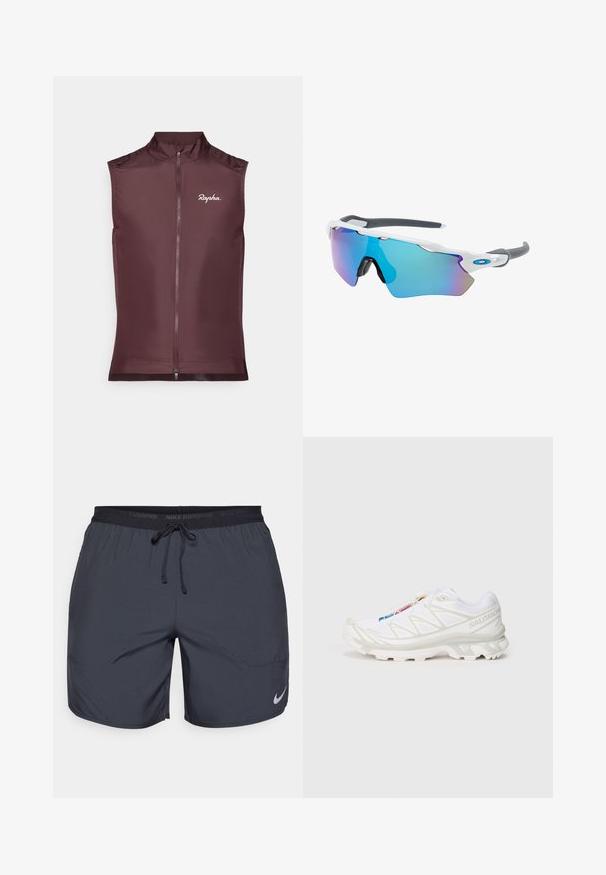 Rapha sleeveless cycling vest in deep burgundy, crafted from lightweight fabric with a front zipper and a fitted design.; White sleeveless Nike running top with a round neckline, smooth texture, and black Nike logo on the upper left chest.; Nike running shorts in dark gray, featuring an elastic waistband with a drawstring and a silver logo accent on the lower right leg.; White athletic shoe with textured mesh upper, reflective accents, and a cushioned sole. Notable brand logo on the side.; Sunglasses with a white frame, gray accents, and blue mirrored lenses. Sporty design, wraparound shape, and adjustable nose pads.