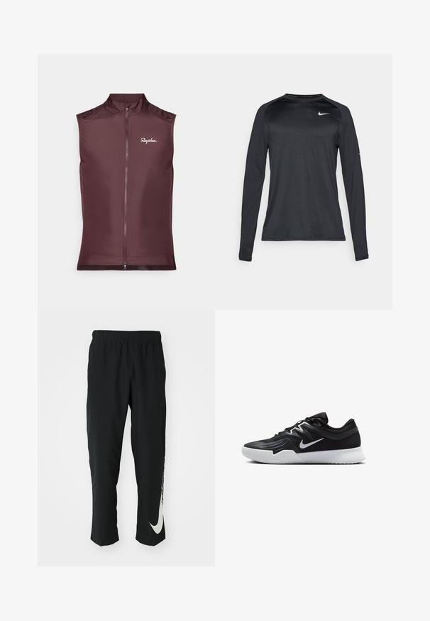 Rapha ilmaõlgadega jalgrattavest sügavas burgundia värvitoonis, valmistatud kergest kangast, millel on esine lukku ja sobiv disain.; Pikem varrukaga must spordipool, mis on valmistatud siledast ja venivast materjalist. Omab peent tekstuurilist mustrit ja väikest valget logo rinnal.; Mustad mustad sportlikud püksid elastse vöökohtadega, kitseneva disainiga, millel on vasakul jalal suur valge Nike logo. Pehme, kerge kangas.; Must mustad jalanikesad rikaste ülaservaga, valge Nike swoosh'i ja valge kummist välispõhjaga. Omab paeltega sulgemisdetaili ja dünaamilist kuju.