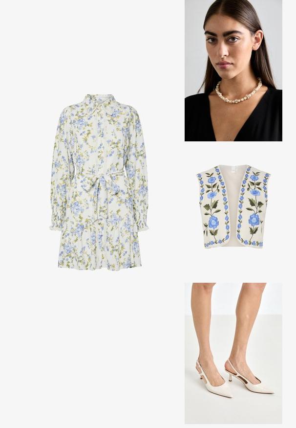 YAS YASWOW - Bodywarmer - birch; Bloemendress in het wit met blauwe en groene bloemen, voorzien van een kraag, knoopsluiting aan de voorkant, lange mouwen met elastische manchetten en een tailleband.; Beige gepatineerde leren slingback hakken met een spitze neus en een hak van 5 cm, met uitsparingen aan de zijkanten en een dunne enkelband.; Beige handtas met een patroon en een gebogen vorm, leren accenten en een goudkleurig logo aan de voorkant. Beschikt over een kort handvat voor gemakkelijk dragen.; Parel- en kristallen ketting met een ronde, gehaakte ontwerp in lichte tinten, met afwisselend parels en sprankelende accenten, gedragen om de hals.