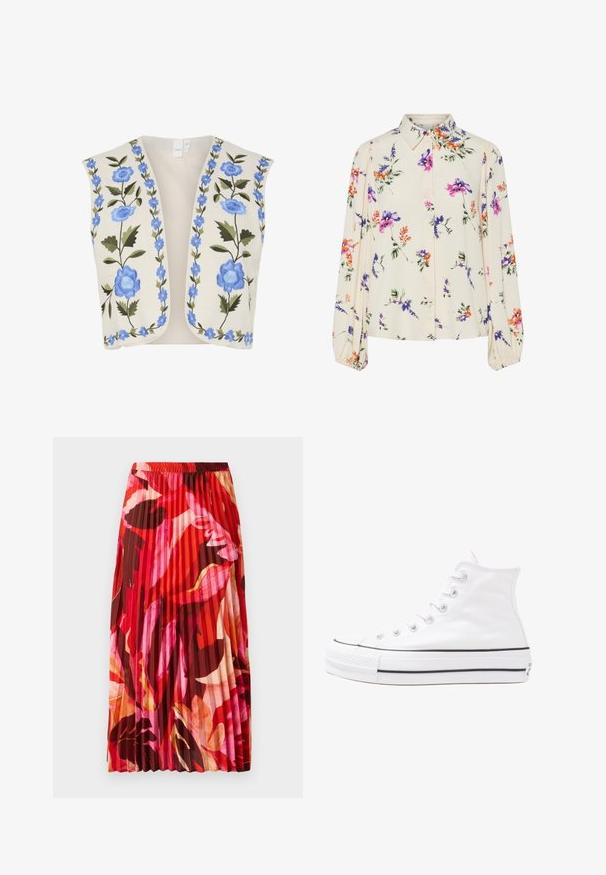 YAS YASWOW - Weste - birch; Blumenbluse mit langen Puffärmeln, hellcremefarbenem Grund, mit lila, orangefarbenen und grünen Blumenmustern sowie klassischem Kragen.; Faltet Maxi-Rock in lebhaftem Rot, Pink und braunem Blumenmuster. Der elastische Bund und die glatte Textur erhöhen Komfort und Stil.; Weiße hochwertige Leinensneaker mit schwarzer Gummisohle, vorderem Gummizehenschutz und sechs Ösen für Schnürsenkel, die ein sauberes, minimalistisches Design aufweisen.