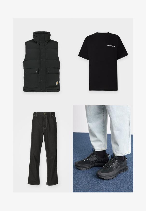 Colete puffer preto com gola alta, fecho de botões de pressão, dois bolsos frontais e patch do logotipo na parte inferior. Textura lisa e acolchoada.; T-shirt preta de algodão com mangas curtas, decote redondo e logótipo branco "Carhartt" no peito esquerdo. Textura suave, design minimalista.; Calças de ganga pretas de corte largo, com costuras brancas em contraste, fecho de botão e design de perna reta.; Sapatilhas desportivas pretas com tecido texturizado e solas em borracha, apresentando atacadores elásticos e um detalhe azul no calcanhar. Usadas com calças de ganga claras.